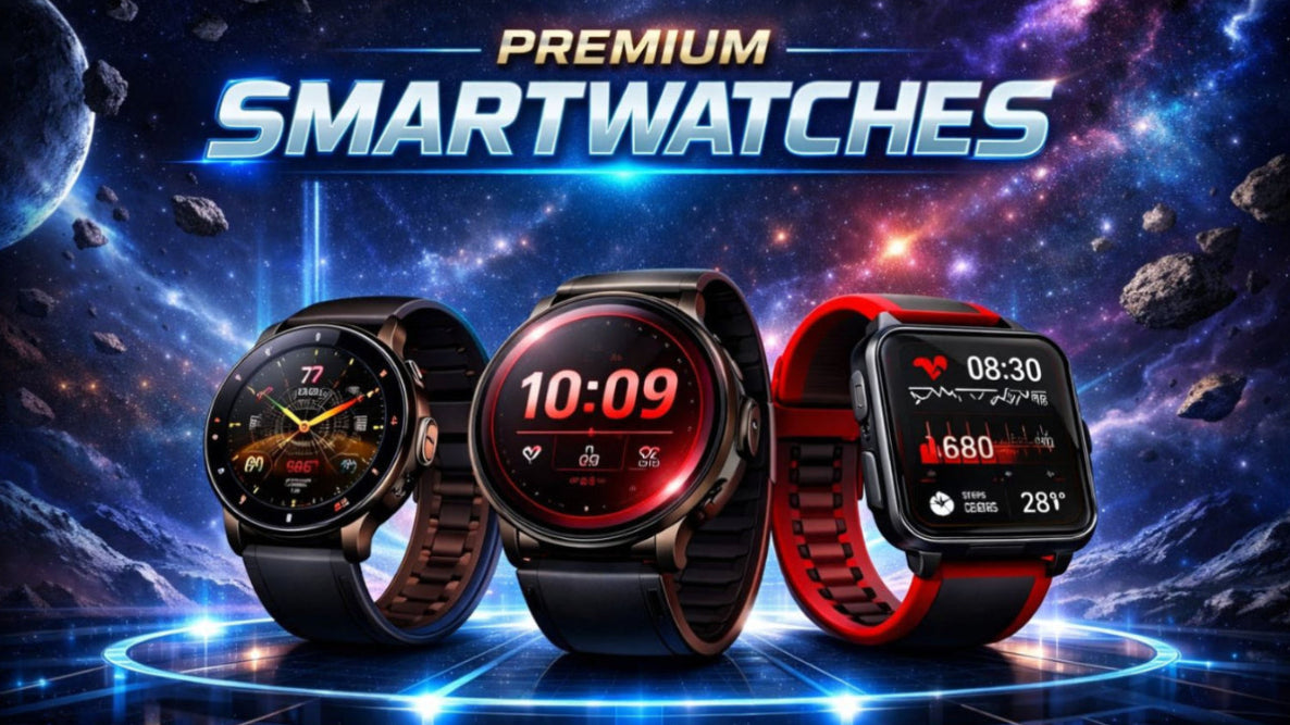 Three smartwatches displayed against a space-themed background with 'Premium Smartwatches' text.